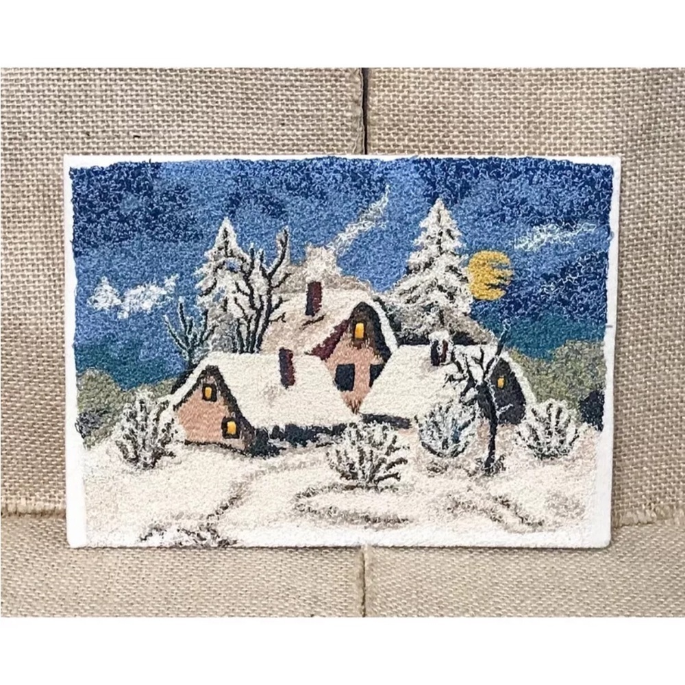 Vintage Linen Embroidery Art Snow Rooftop Cottage Winter Night Sky Rustic Cozy